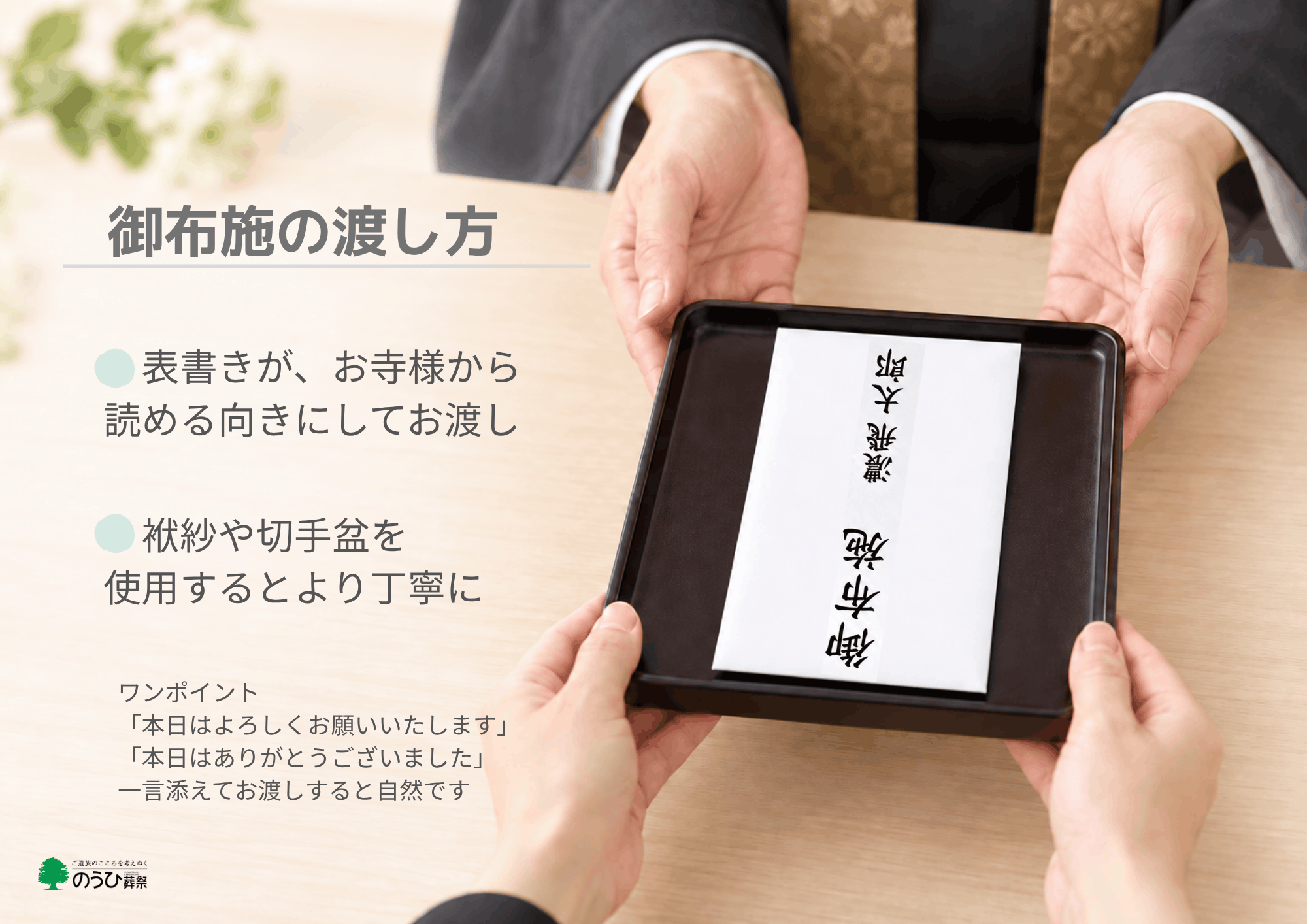 御布施の封筒を僧侶から読める向きにして、切手盆で丁寧に渡す方法を示した画像